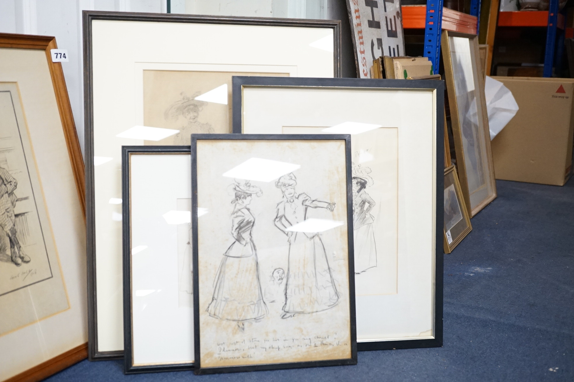 Phil May (1864-1903), four monochrome ink and charcoal figural cartoons and caricatures to include ‘Garn’, each is signed, some with inscriptions, largest 36 x 25cm. Condition - fair